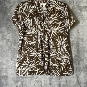 Tropical Leaf Print Short Sleeve Blouse - Brown & White